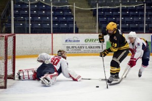 Amazingly, Vancouver-born Freshman Arizona State forward did not score on this play. He hit the post after a solid deke around third-year SFU Clan goaltender Graeme Gordon. His Sun Devils did win the game 5-3 however. Photo by Jason Kurylo for Pucked in the Head.