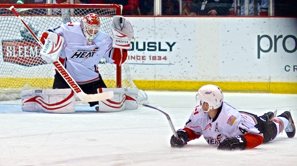 Chad Billins looks on as Joni Ortio makes one of his 34 saves during a 6-0 Abbotsford Heat win over the Hamilton Bulldogs. Photo by Jason Kurylo for Pucked in the Head.