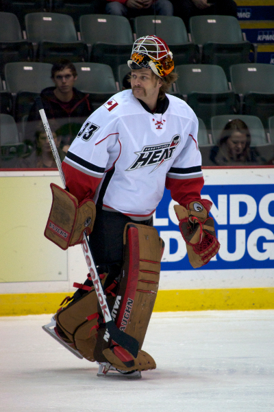 Abbotsford Heat goaltender Barry Brust has played his pads off this season, much of it against NHL-calibre players. For contractual reasons, the Calgary Flames are not giving him the look he deserves. Photo by Jason Kurylo for Pucked in the Head.