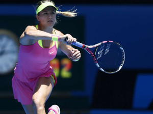 Eugenie Bouchard rips a crosscourt forehand winner against third round opponent Caroline Garcia. Photo cribbed from an AskJeeves search.