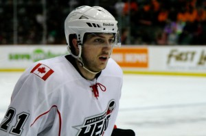 Abbotsford Heat defenseman Brett Carson quarterbacking the power play during a 3-2 win over the Rochester Americans on February 5, 2013. Photo by Jason Kurylo for Pucked in the Head.