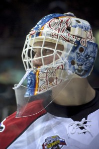 Laurent Brassoit with his mask from his stint with the Edmonton Oil Kings. Brassoit was perfect in Game 5 of the Russia-CHL Super Series, taking a 1-0 shootout win over the Russian Stars. Photo by Jason Kurylo for Pucked in the Head.