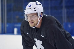 Vancouver Canucks defenseman Alex Edler readies to take part in a two-on-two scrimmage during a practice on January 8, 2013. Photo by Jason Kurylo for Pucked in the Head.