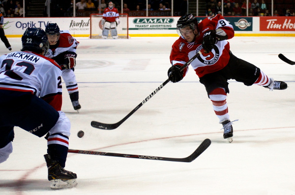 Vancouver Giants forward Carter Popoff continued his strong play of late, picking up two goals and an assist on Gordie Howe night at the Pacific Coliseum. This wrist shot provided the walk-off winner for the Giants, who have now won three games in a row for the first time this season. Photo by Jason Kurylo for Pucked in the Head.