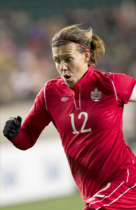 Team Canada striker Christine Sinclair closes in on yet another scoring opportunity during an international friendly against South Korea. Photo courtesy of Soccer Canada.