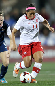 Team Canada midfielder Desiree Scott steals the ball during international friendly action against the USA. Photo courtesy of Soccer Canada.