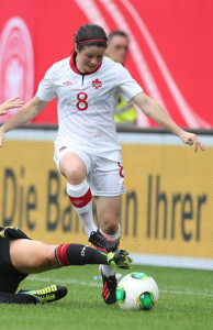 Team Canada midfielder Diana Matheson scoots along the flank during international friendly action against Germany. Photo courtesy of Soccer Canada.