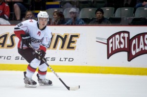 Abbotsford Heat forward Dustin Sylvester scored twice, including once in the final minute of regulation, to help beat the Lake Erie Monsters 4-3 in a shootout on February 9, 2013. Photo by Jason Kurylo for Pucked in the Head.