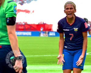 Defender Ingrid Rodriguez has some choice words for the refereeing during Ecuador's 6-nil loss to Cameroon. Photo by Jason Kurylo for Pucked in the Head.