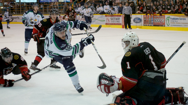 What can I say, it was the play of the game! Demico Hannoun fires the winner past Port Alberni Bulldogs goaltender Jay Deo, giving the Surrey Eagles a 1-0 series lead in the Coastal Conference Finals. Photo by Jason Kurylo for Pucked in the Head.