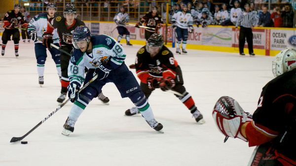 Surrey Eagles forward Demico Hannoun breaks in on a breakaway with less than 90 seconds remaining in game one of the BCHL Coastal Conference Final. The Eagles won the game 1-0. Photo by Jason Kurylo for Pucked in the Head.