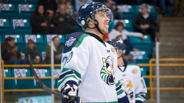 Surrey Eagles forward Nicolas Pierog scored his fourth of the playoffs at 1:18 of extra time to give the Surrey Eagles a 2-0 series lead in the BCHL Coastal Conference Final. Photo by Jason Kurylo for Pucked in the Head.