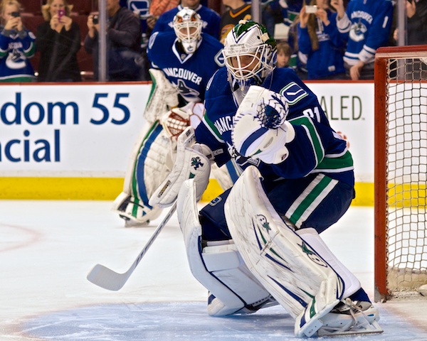 Eddie Lack may be giving himself the evil eye in the mirror this morning, but chances are new Canucks backup goaltender Jacob Markstrom is eyeing him and his crease even more closely. Photo by Jason Kurylo for Pucked in the Head.