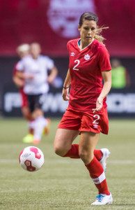 Team Canada defender Emily Zurrer tracks down a ball during an international friendly against Germany. Photo courtesy of Soccer Canada.