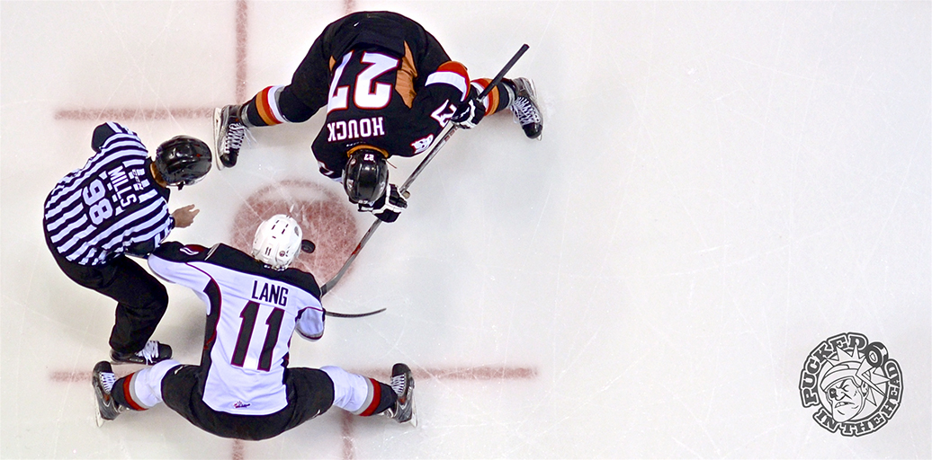 Chase Lang and Jackson Houck face off at the Pacific Coliseum. Photo by Jason Kurylo for Pucked in the Head.