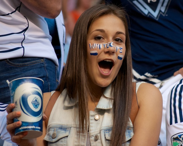 This easy-on-the-eyes fan had a blast, as Vancouver Whitecaps FC defeated Seattle Sounders FC 2-0 in front of a sold out BC Place crowd on 6 July 2013. Photo by Jason Kurylo for Pucked in the Head.