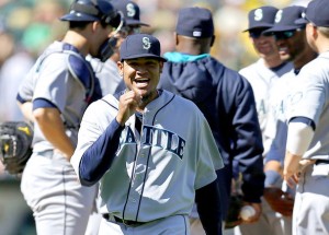 Felix Hernandez walks off the mound after tossing 11 strikeouts in his first start of the 2014 season. Photo ripped unceremoniously from the interweb.