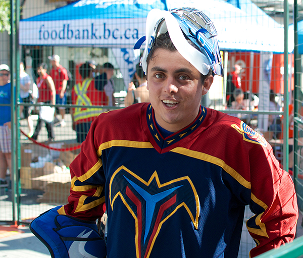 Richard (@253QuakesFan) trooped up from the States to take part in Five Hole Vancouver. Don't let his American-ness or the Thrashers jersey fool ya. He knows his puck, and he made a couple of good blocker stops on yours truly, too. Photo by Jason Kurylo for Pucked in the Head.