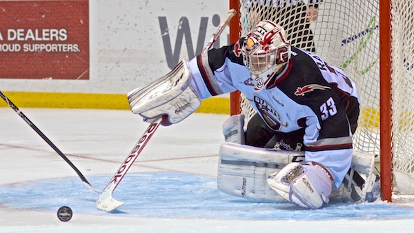 Jared Rathjen made 22 saves as the Vancouver Giants beat the Prince George Cougars 6–5 on 10 January 2014. Photo by Jason Kurylo for Pucked in the Head.