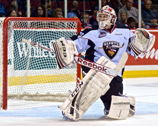 Goaltender Jared Rathjen made 27 saves to help his Vancouver Giants to a 5–2 win over the Prince George Cougars. Photo by Jason Kurylo for Pucked in the Head.