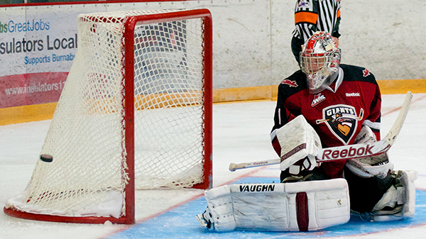 Vancouver Giants goaltender Payton Lee made 28 saves, including this shoulder stop on Edson Harlacher, en route to a 5-1 pre-season win over the visiting Kamloops Blazers. Photo by Jason Kurylo for Pucked in the Head.
