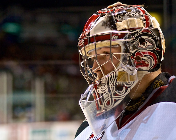 Payton Lee came on in relief early in the second period, and stopped 24 of 25 shots before Portland beat him in the shootout. Photo by Jason Kurylo for Pucked in the Head.