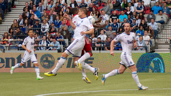 Portland Timbers forward Jose Valencia makes a fabulous end zone catch in double coverage to score a touchdown — oh, wait. In soccer, you're not supposed to be able to do that. Photo by Jason Kurylo for Pucked in the Head.