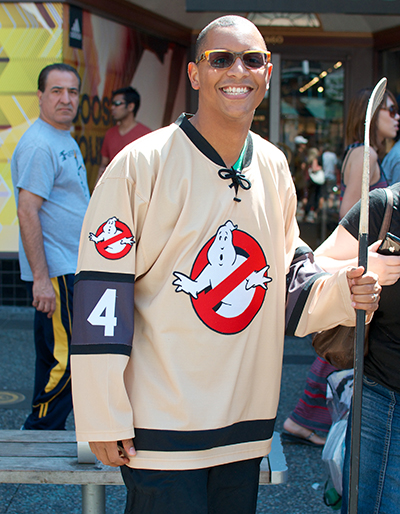 Harrison Mooney, of the mighty Puck Daddy and the somewhat less threatening Pass It to Bulis, rocks a Ghostbusters jersey from Dave's Geeky Hockey. Photo by Jason Kurylo for Pucked in the Head.