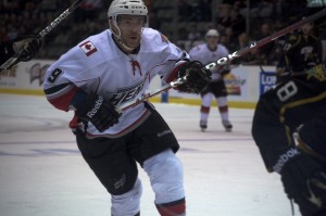 Abbotsford Heat forward Ben Street hustles in on the forecheck during a 2-1 shootout win over the visiting Texas Stars. Photo by Jason Kurylo for Pucked in the Head.