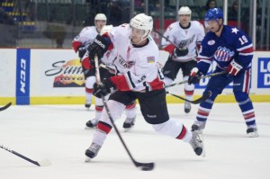 Abbotsford forward Ben Street had a pair of a goals and an assist to lead the Heat to a 3-1 win over the visiting Rochester Americans on January 5, 2013. Photo by Jason Kurylo for Pucked in the Head.