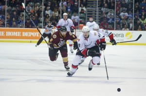 Abbotsford Heat forward Brett Olson was sprung for this shorthanded breakaway in the first period, but it was Brad Hunt and the Chicago Wolves who would win this game 1-0. Photo by Jason Kurylo for Pucked in the Head.