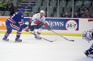 TJ Brodie and company have had a tough time putting pucks into the net for the Abbotsford Heat so far this season. That difficulty continued into the third period of the January 4, 2013 game against the Rochester Americans. Photo by Jason Kurylo for Pucked in the Head.