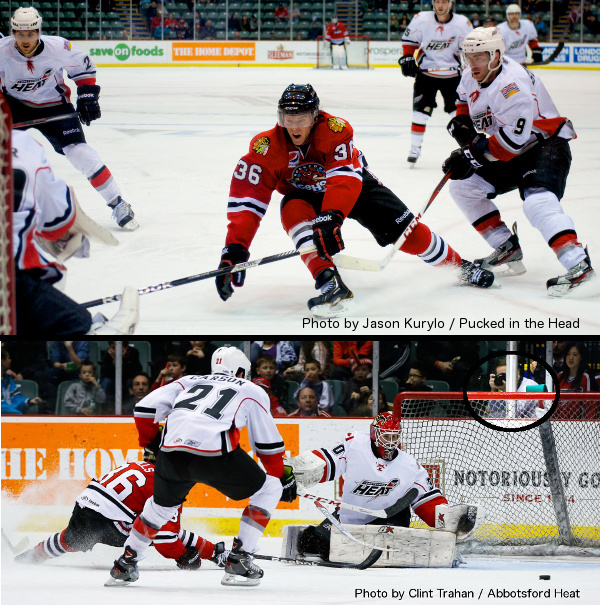 Just a bit of proof that I do indeed take my own pictures. My shot of Brad Mills drawing a penalty shot during the second period against the Abbotsford Heat, and pro photog Clint Trahan's shot of me... er, of Mills drawing the penalty shot. 