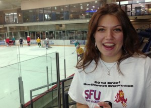 She's from Hawaii, so Jenessa Gladstone can be forgiven for being a basketball fan first. Now that she's in Canada, she's trying to get a grasp on this game called hockey, and was thrilled to win an SFU Clan t-shirt from Pucked in the Head. Check out her video below!