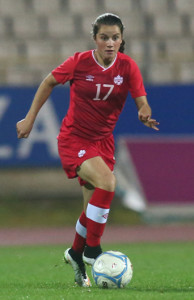 Team Canada midfielder Jessie Fleming during international friendly action against England earlier in 2015. Photo courtesy of Soccer Canada.