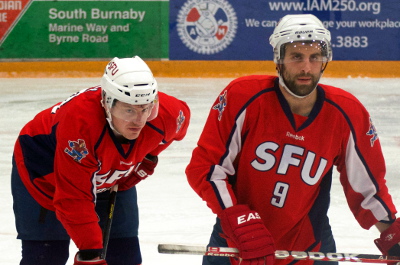 Defenseman Mike Ball (left) and Joey Pavone each scored in a 6-4 SFU Clan victory over the TRU Wolfpack. Photo by Jason Kurylo for Pucked in the Head.