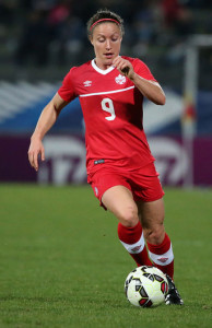 Team Canada forward Josée Bélanger moves the ball upfield during an international friendly. Photo courtesy of Soccer Canada.