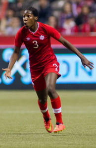 Kadeisha Buchanan communicates with her teammates during international friendly action. Photo courtesy of Soccer Canada.