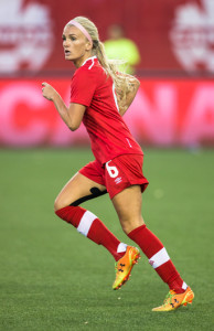 Team Canada midfielder Kaylyn Kyle in international friendly action against England in May 2015. Photo courtesy of Soccer Canada.