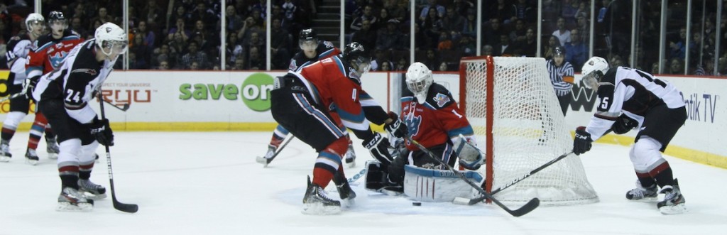 Kelowna Rockets goaltender Jackson Whistle stopped 32 of 33 shots to earn a 5-1 win over the Vancouver Giants on Joe Sakic Hall of Fame night, February 1, 2013. Photo by Jason Kurylo for Pucked in the Head.