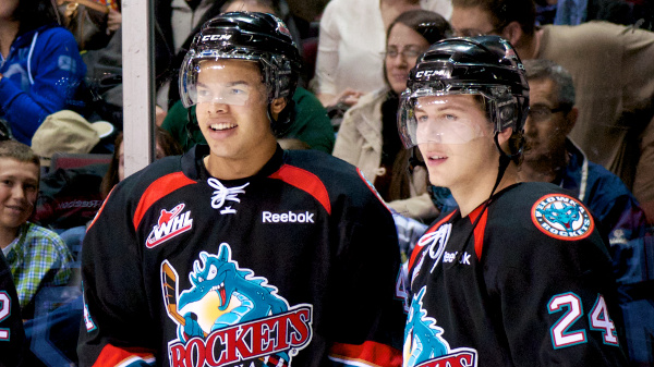 Game seven hero Tyson Baillie (#24, right) and his overtime assist man Madison Bowey during a pre-game warmup. The Kelowna Rockets became just the second team in WHL history to complete a series comeback after losing the first three games. Photo by Jason Kurylo for Pucked in the Head.