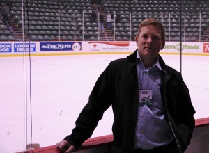 I haven't been out shooting recently, so this is all you get: my ugly mug post-game next to the Abbotsford Heat ice surface. Photo by Kenkoy for Pucked in the Head.