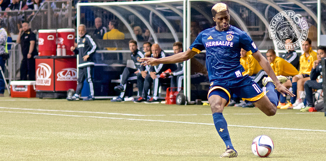 Gyasi Zardes of the LA Galaxy crosses the ball during MLS action at BC Place.