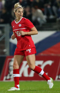 Team Canada defender Lauren Sesselmann keeps position during an international friendly against France. Photo courtesy of Soccer Canada.