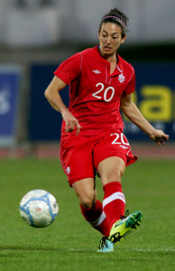 Team Canada defender Marie-Eve Nault pushes the ball upfield during international friendly action against Italy. Photo courtesy of Soccer Canada.