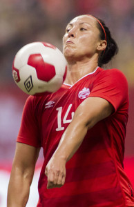 Canadian forward Melissa Tancredi chests down a forward ball during an international friendly against Japan. Photo courtesy of Soccer Canada.