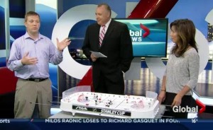 Jason Kurylo appears on the Global Morning News with Steve Darling and Sophie Lui to promote the Vancouver Table Hockey Extravaganza. Image courtesy of Global BC.