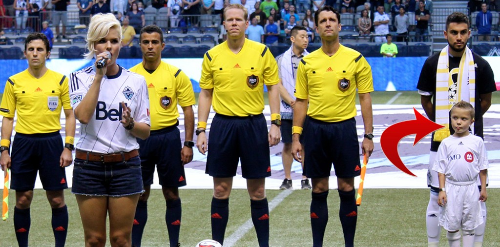 Jordan Harvey's fiancee Kim Caldwell gained a new fan (shown right) while performing the national anthems at BC Place. Photo for Pucked in the Head by Russell Arbuthnot