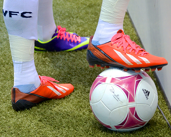 Soccer Kicks Cancer. Pink laces on the shoes of reserves Erik Hurtado and Kekuta Manneh during first-half action at BC Place. Photo by Jason Kurylo for Pucked in the Head.