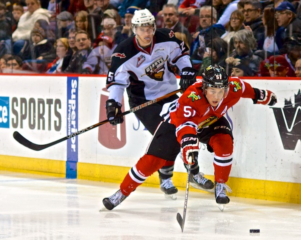 Derrick Pouliot nearly scored in the dying seconds of the first period, then finally did midway through the second. The Winterhawks led 2–0 at the time of this posting. Photo by Jason Kurylo for Pucked in the Head.